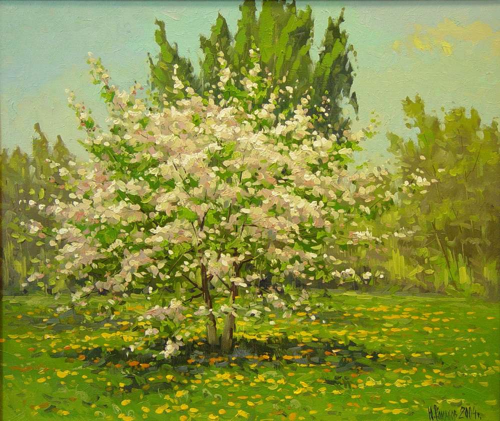 Ю. Романов. Яблоня цветет. 2004. Х., м. 60 х 70
