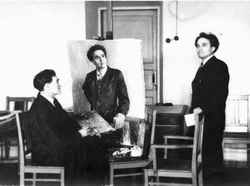 М. Спиридонов работает над портретом П. Хузангая. 1953 г., апрель
